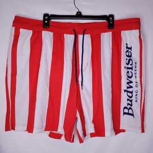 Budweiser Swim Trunks Mens 2XL Striped Red, White Logo